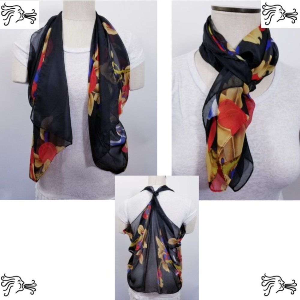 Black Floral Chiffon Vest Scarf Accessory